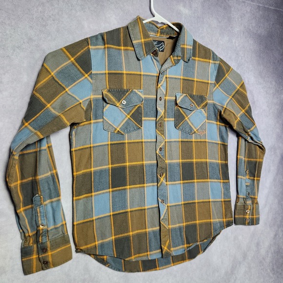 Fox Other - Fox Plaid Long Sleeve Flannel Shirt Mens Size L Blue Brown Gold